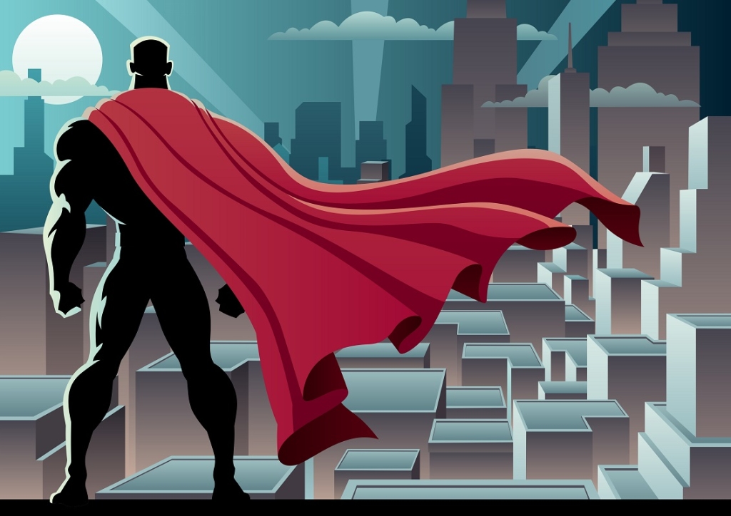 Superhero watching over city. No transparency used. Basic (linear) gradients. A4 proportions.
