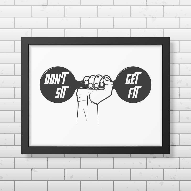 Do not sit, get fit - Quote typographical Background in realistic square black frame on the brick wall background . Vector EPS10 illustration.