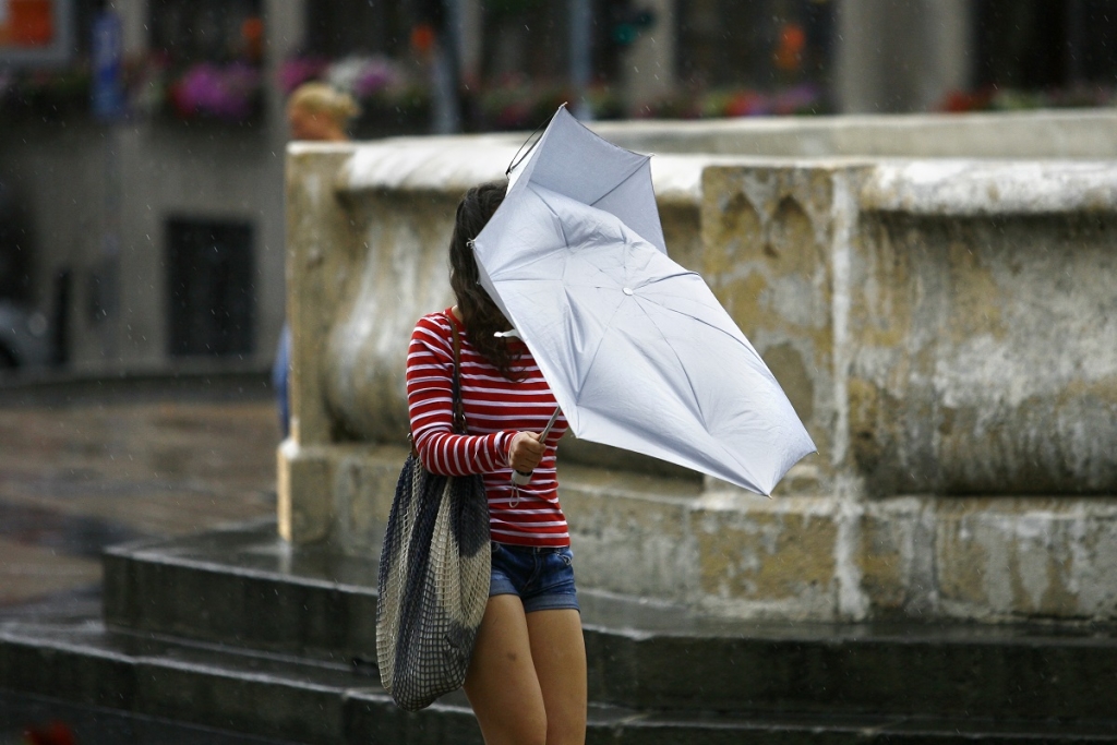 Woman walking with umbrellas in the rain