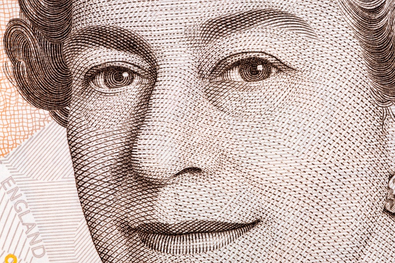 Queen Elizabeth II a close-up portrait on UK ten pounds