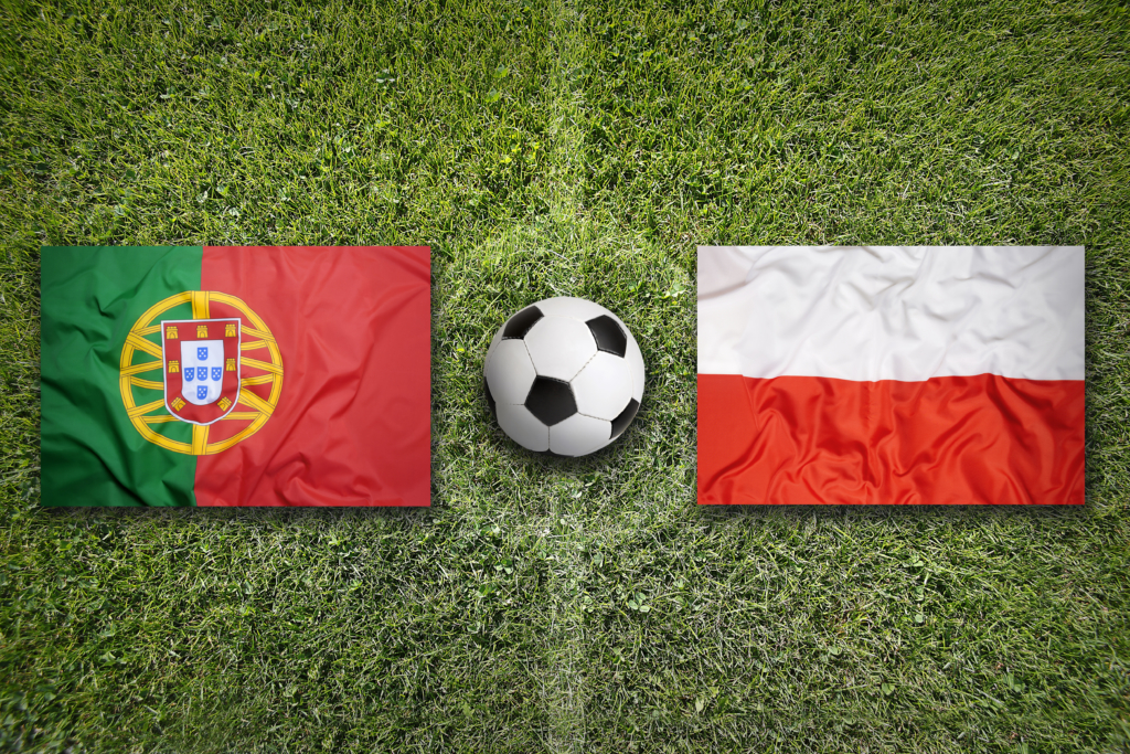 Portugal vs. Poland flags on soccer field