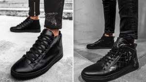 czarne sneakersy do czarnego płaszcza