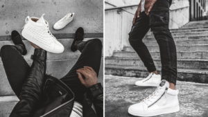 białe sneakersy i czarne spodnie