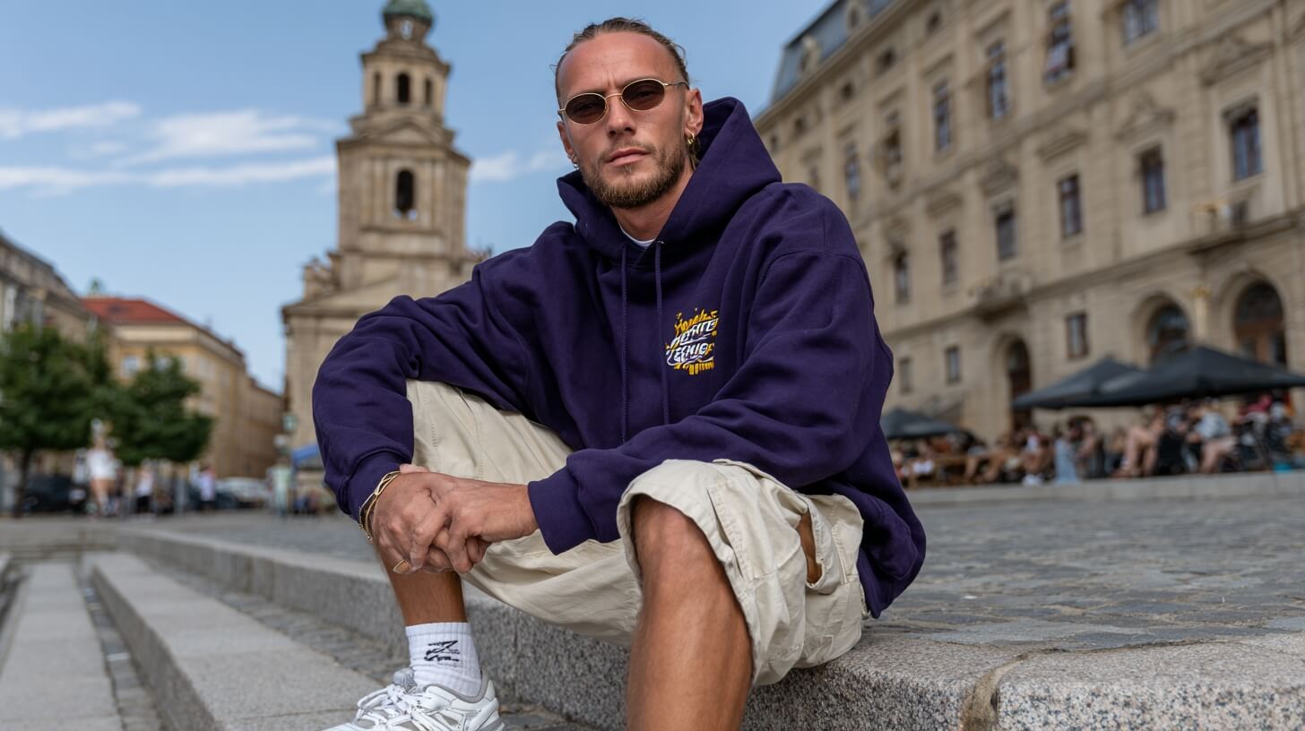 mężczyzna w fioletowej bluzie z kapturem