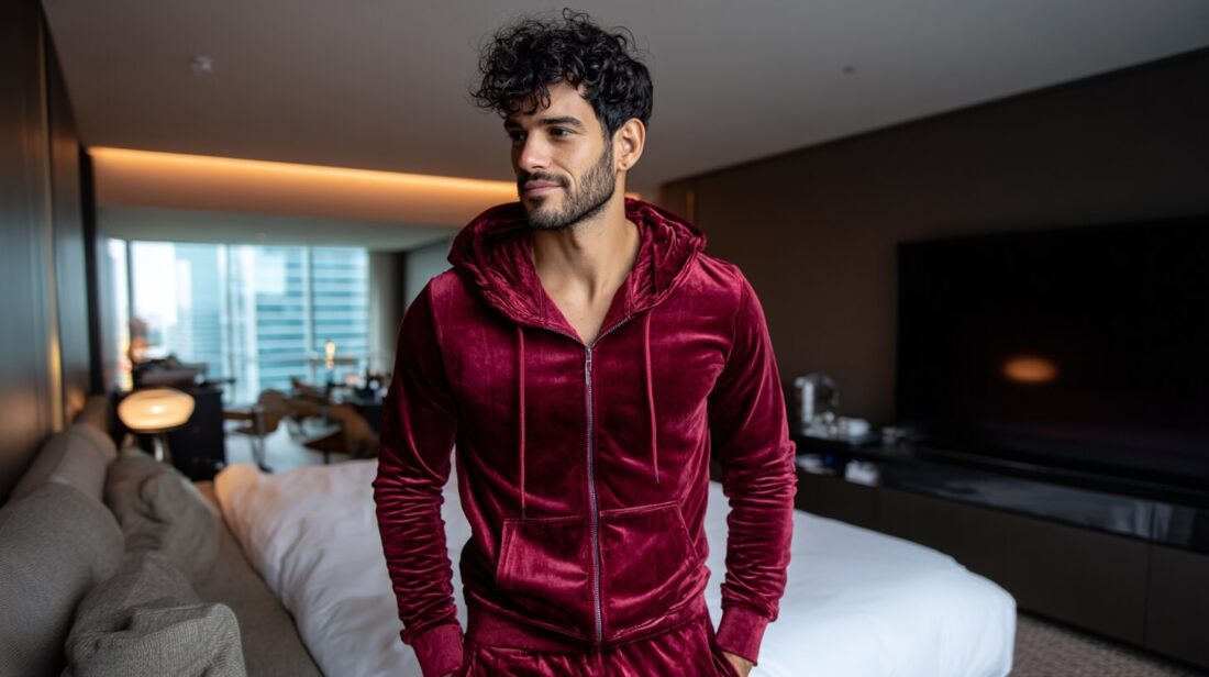 bordowy dres welurowy męski