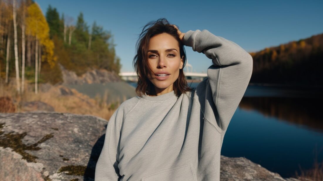 kobieta w szarej męskiej bluzie