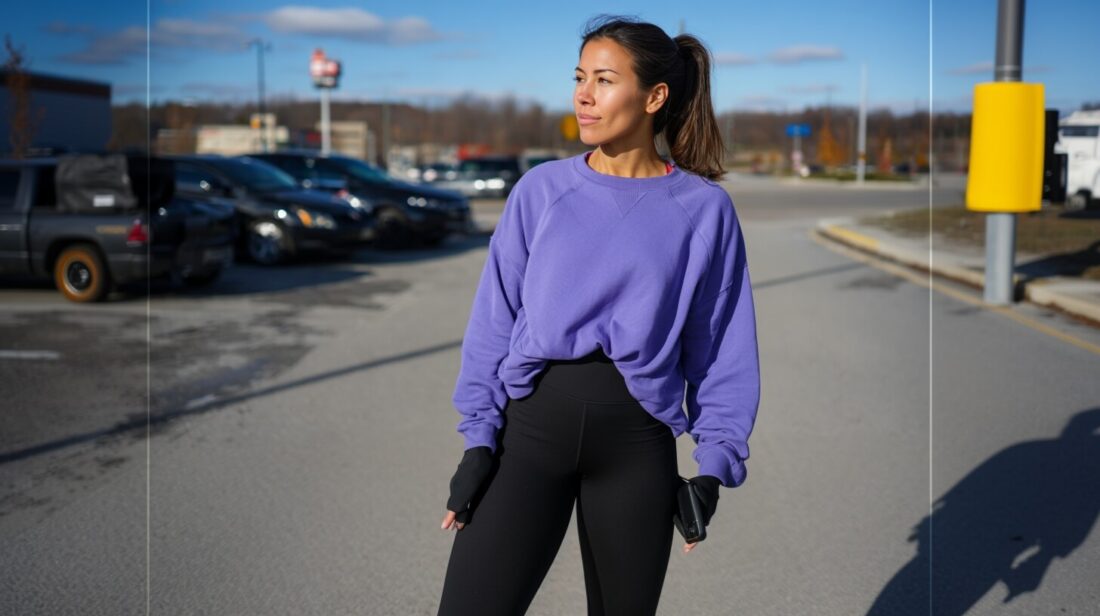 czarne legginsy i fioletowa bluza