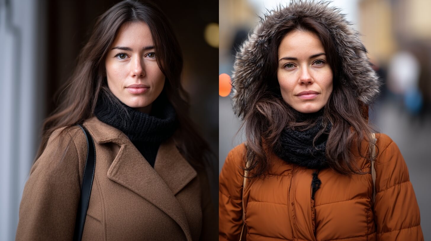 dwie kobiety jedna w płaszczu zimowym druga w kurtce zimowej